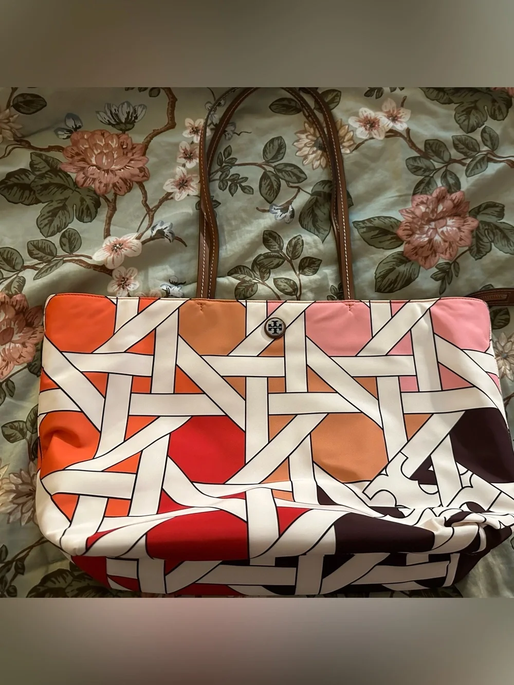 NWT Tory Burch Pink/Red Nylon Basket Weave Tote Bag
